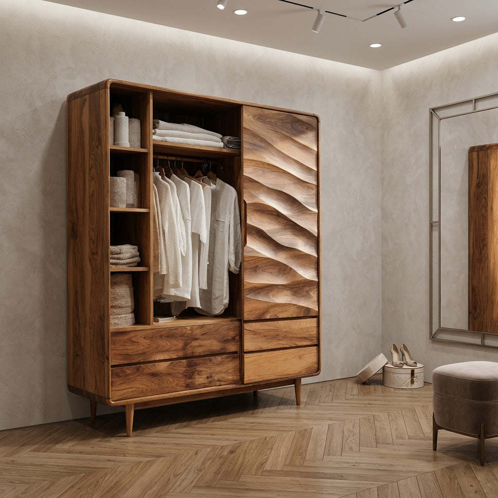 Carved Wood Wardrobe With Hanging Space, Drawers And Shelves