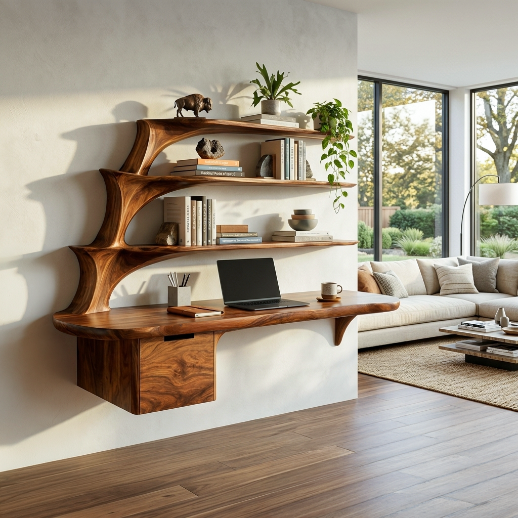 Contemporary Floating Desk With Display Shelves And Drawers For