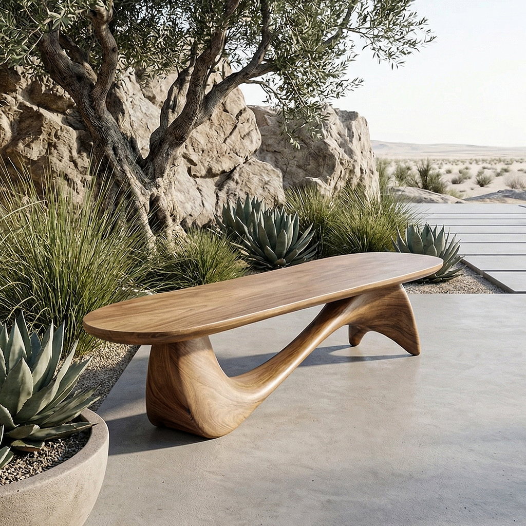 Wave Bench, Curved Solid Wood Sculptural Seat for Entryway