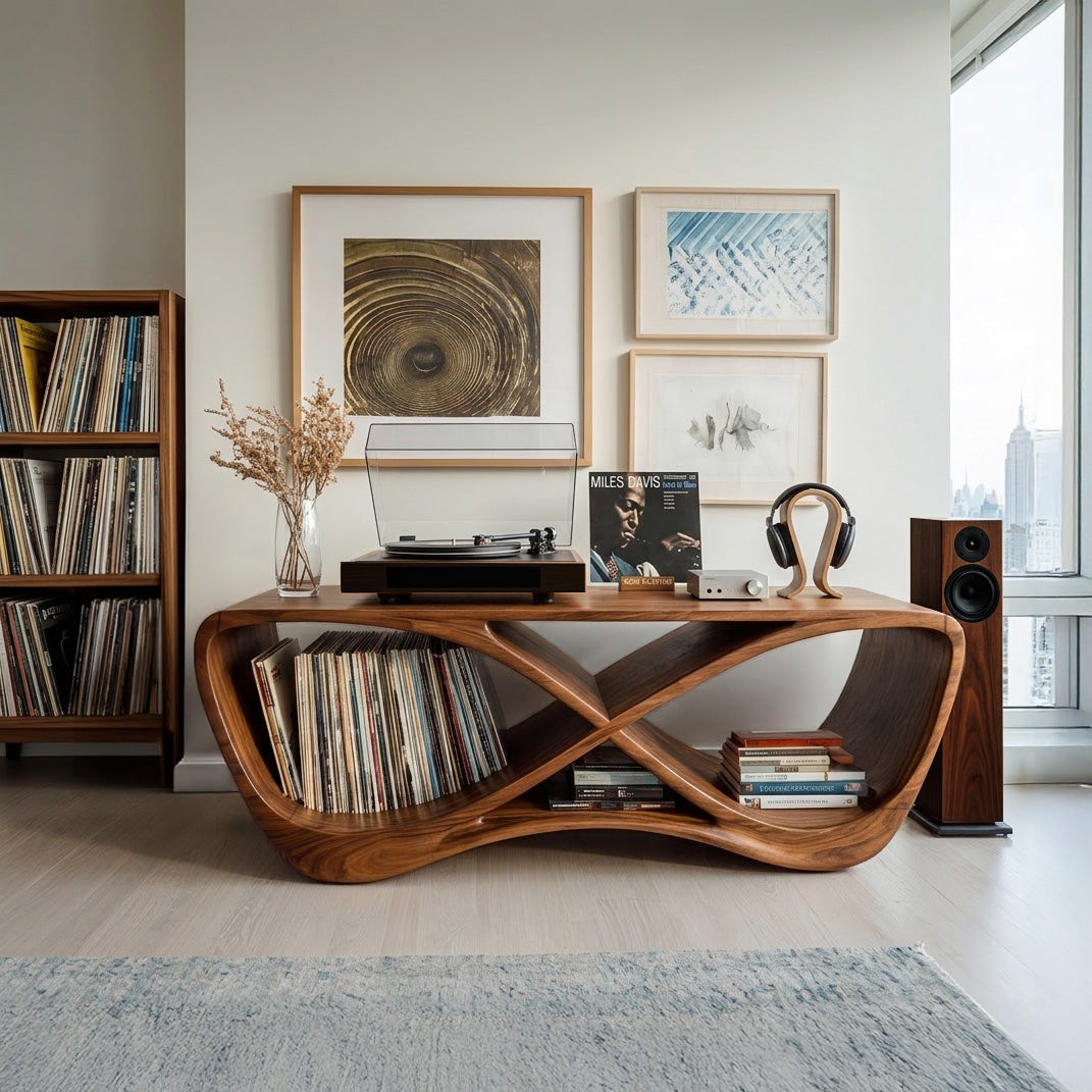 Curved Wood Turntable Console With Vinyl Album Storage