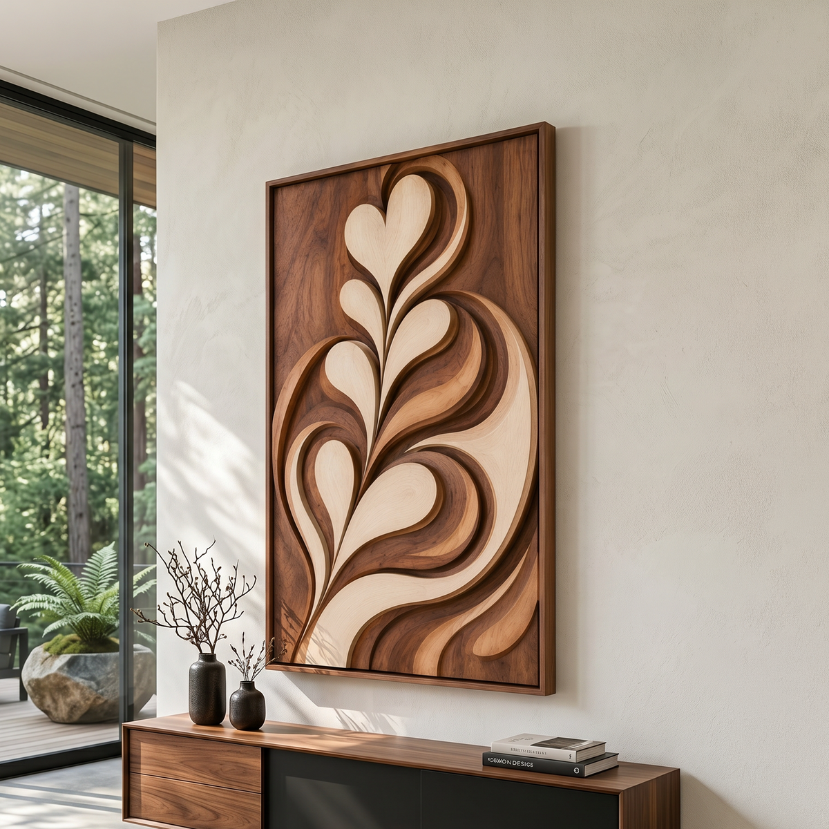 Leaf Form Carved Wood Wall Panel In Warm Latte Tones