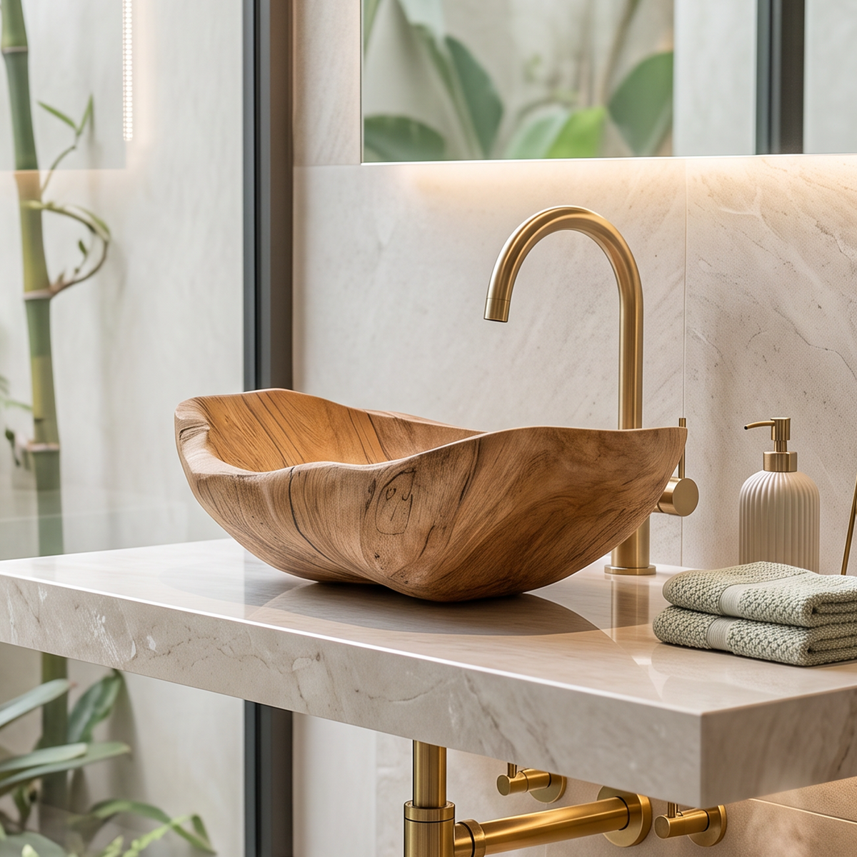 Wooden Vessel Sink, Mid Century Round Basin for Bathroom Vanity
