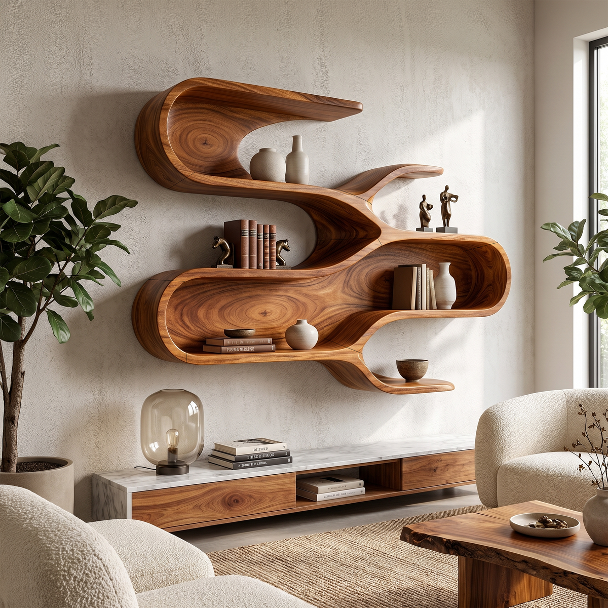 Modern Sculptural Floating Shelves For Living Room