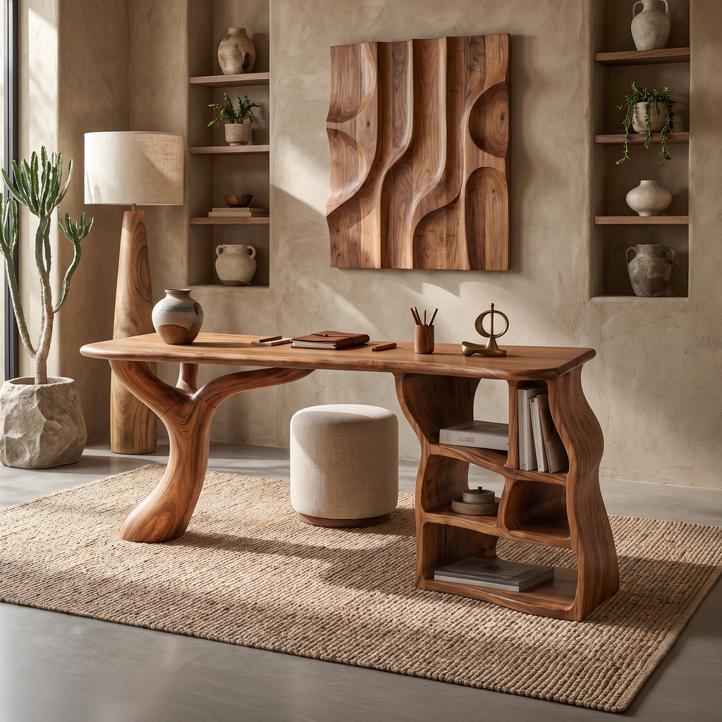 Sculptural Writing Desk With Drawers And Open Shelving