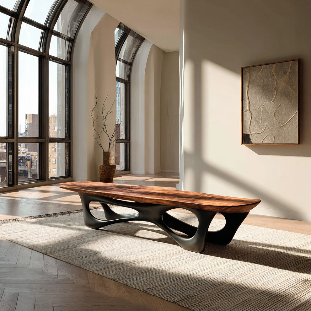 Bold Curve Wood Bench For Apartments, 47 To 73 Inch Long