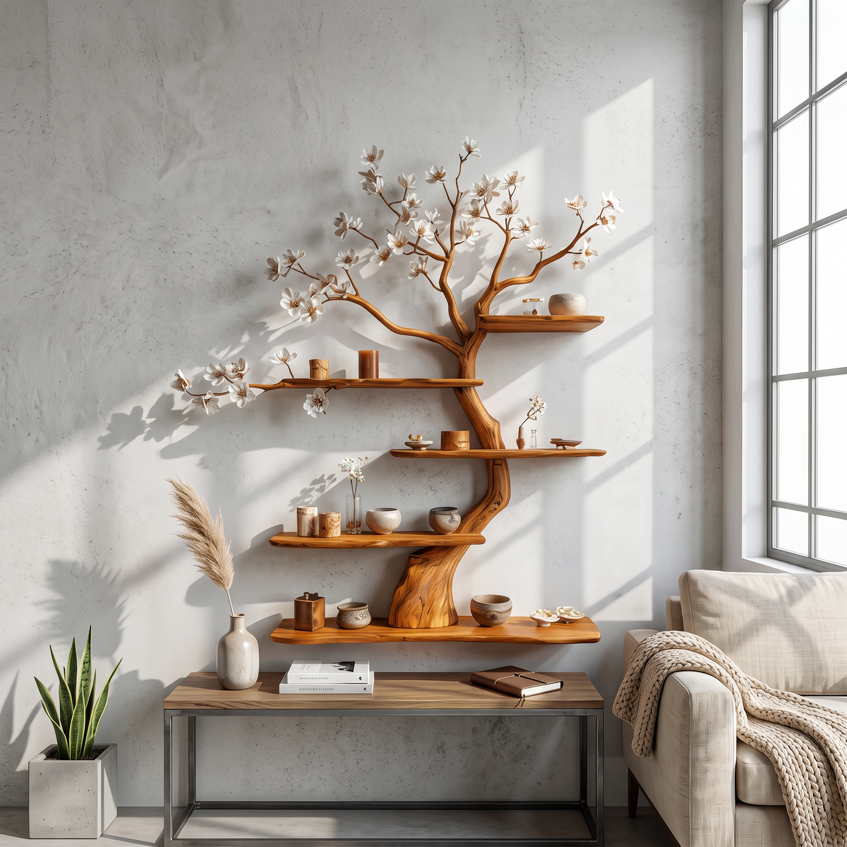 Tree Wall Shelf, Apricot Branch Solid Wood Bookshelf Art Display