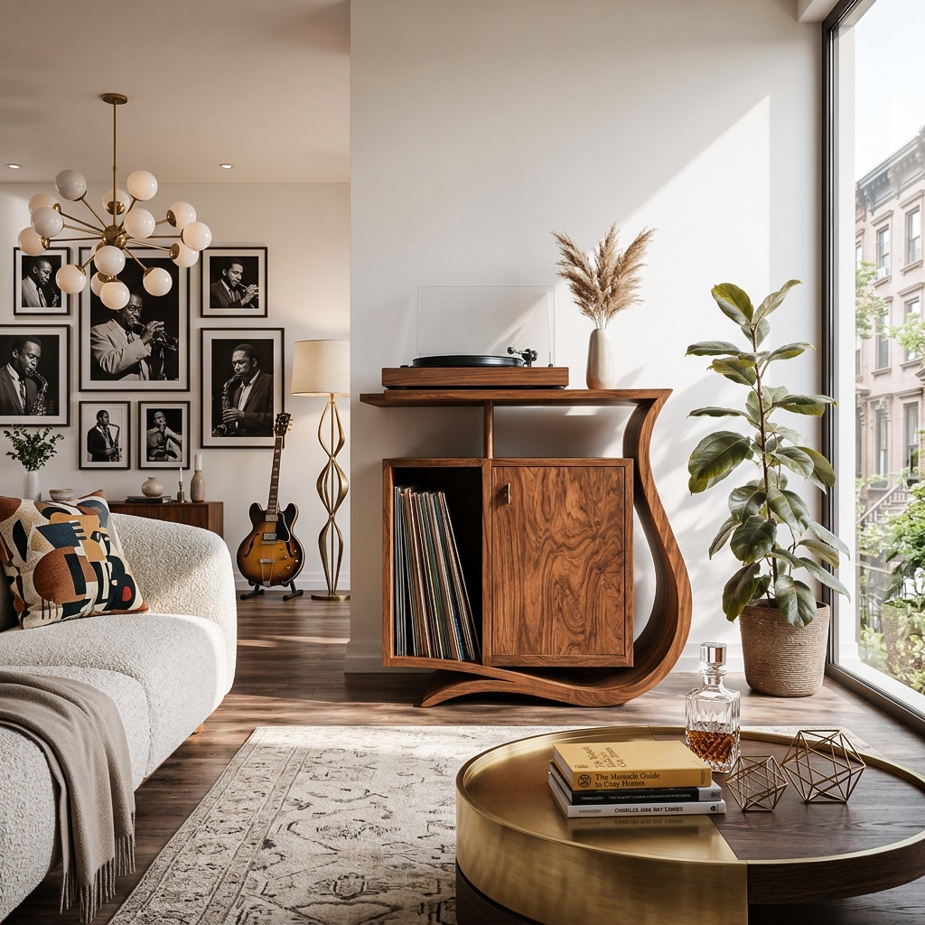 Contemporary Record Player Stand With Asymmetrical Form For Living