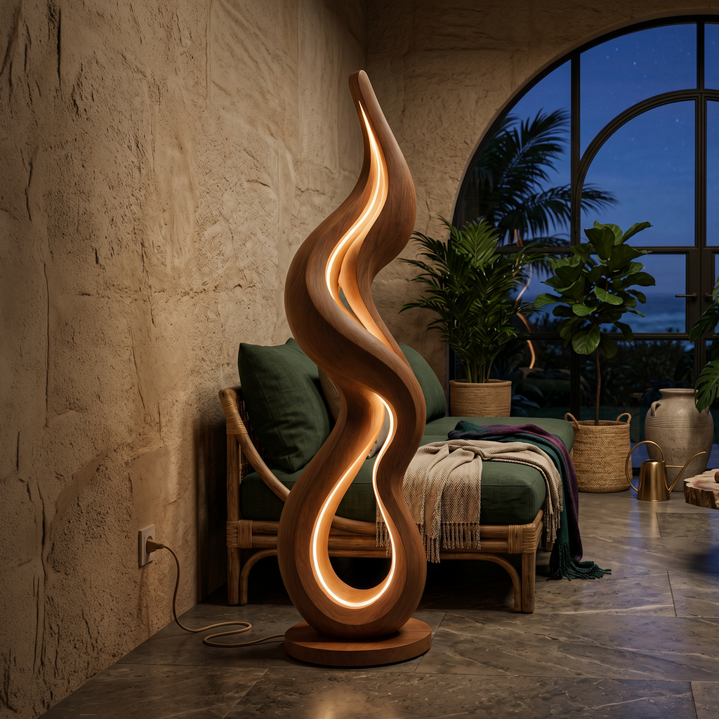 Wave Form Wooden Floor Lamp With Built-In Side Table Surface