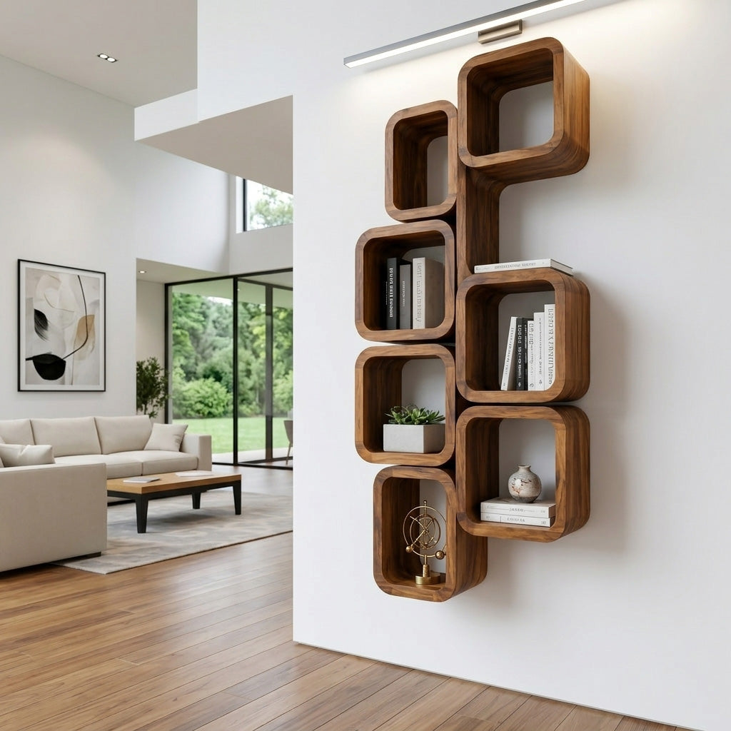 Geometric Interlocking Square Wall Shelf Unit in Wood, 55-79 in