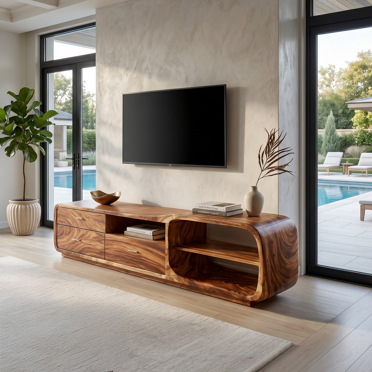 Organic Curve Wooden Media Stand With Side Extension, 51 To 83 In
