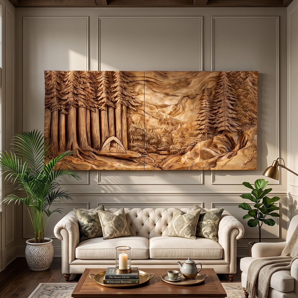 Illuminated Sunset Lake Wood Wall Art, Backlit 3D Forest Mountain Wooden Landscape Panel Decor for Cozy Cabin & Living Room