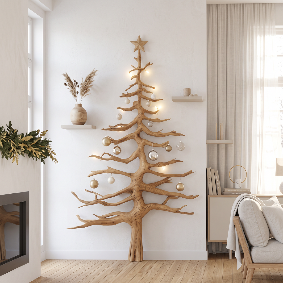 Evergreen Tree Shaped Wood Wall Shelf with Crossed Branches, 70 in