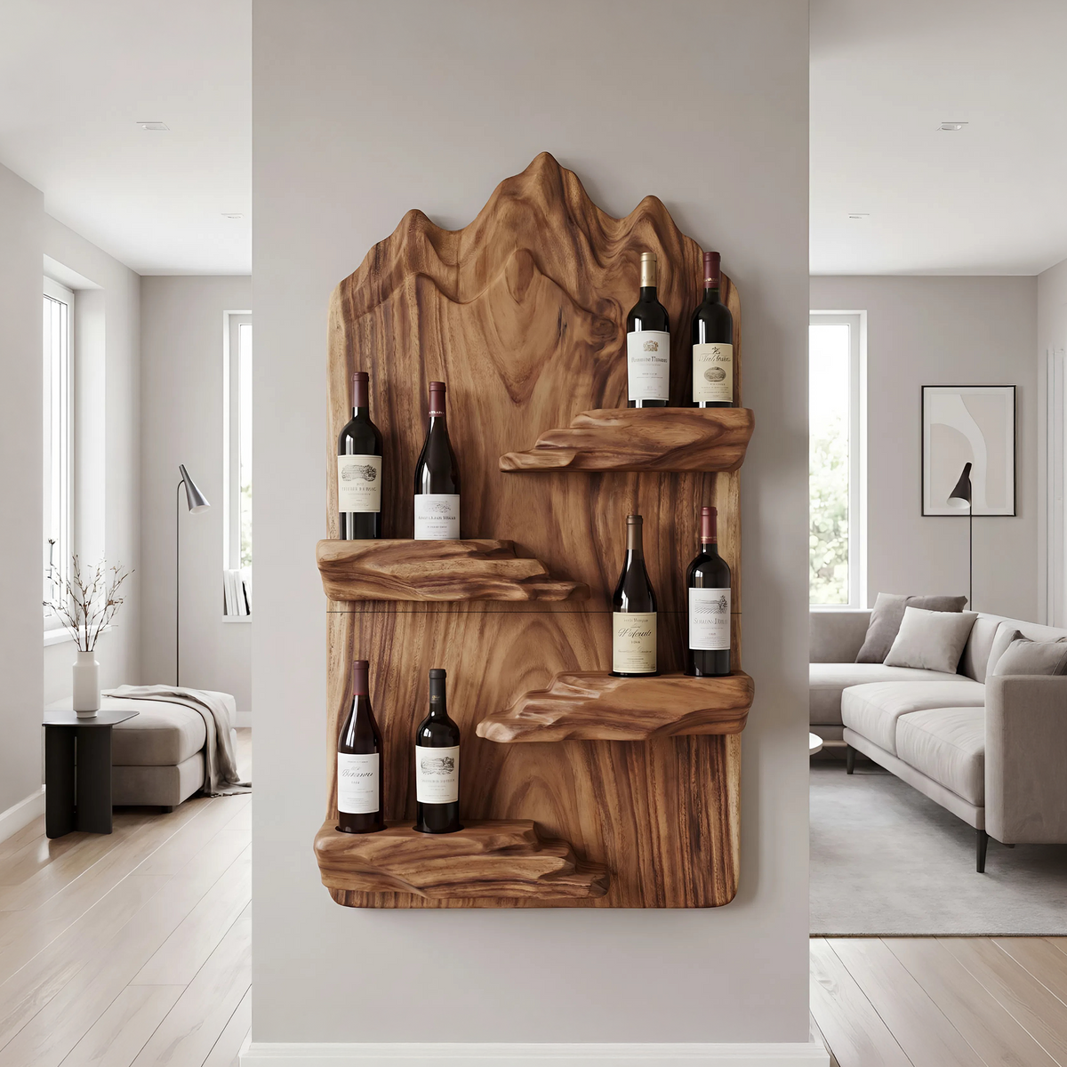 Landscape-Inspired Wall Bottle Holder In Solid Wood