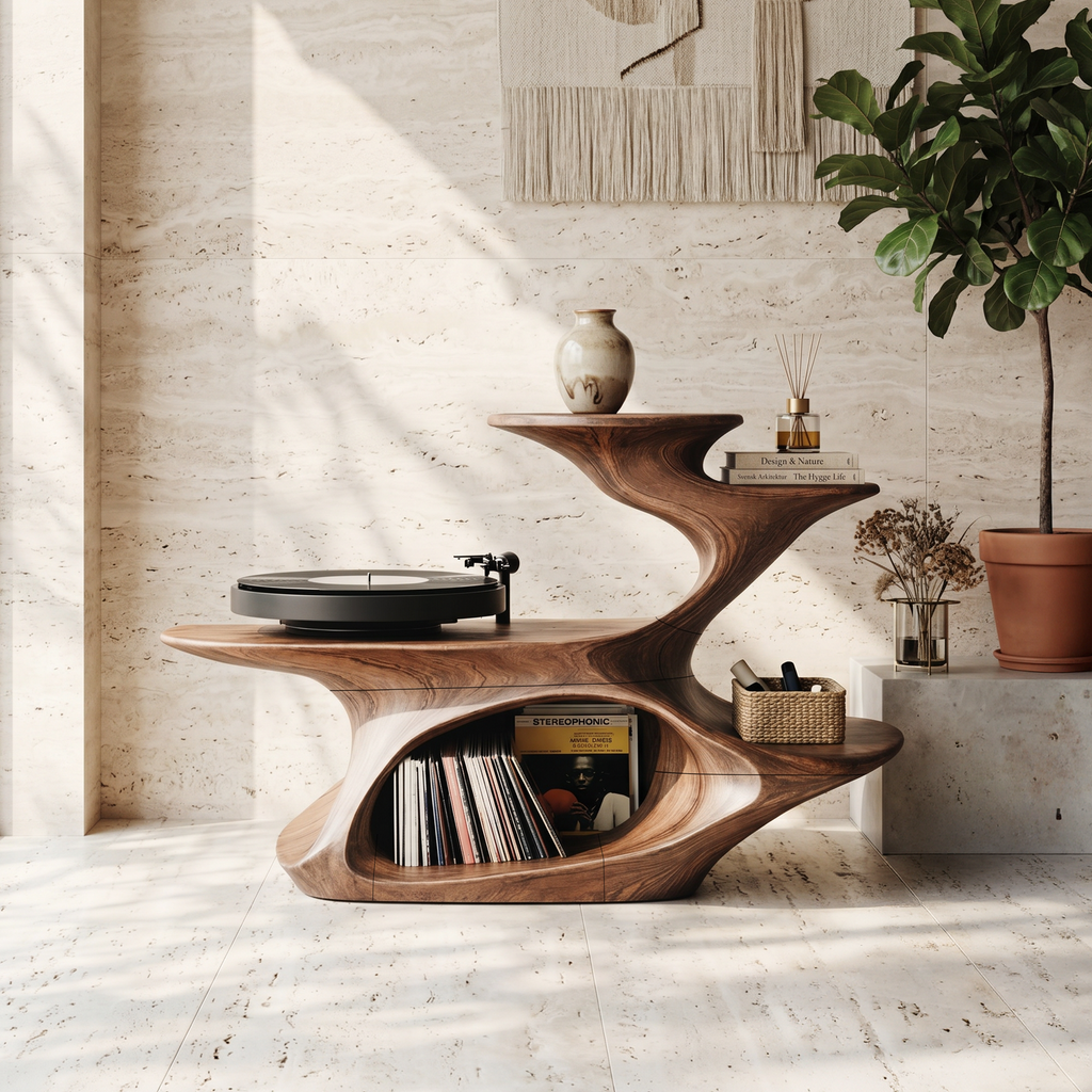 Live Edge Vinyl Record Console, 39 in High, 50 to 60 Inches Wide