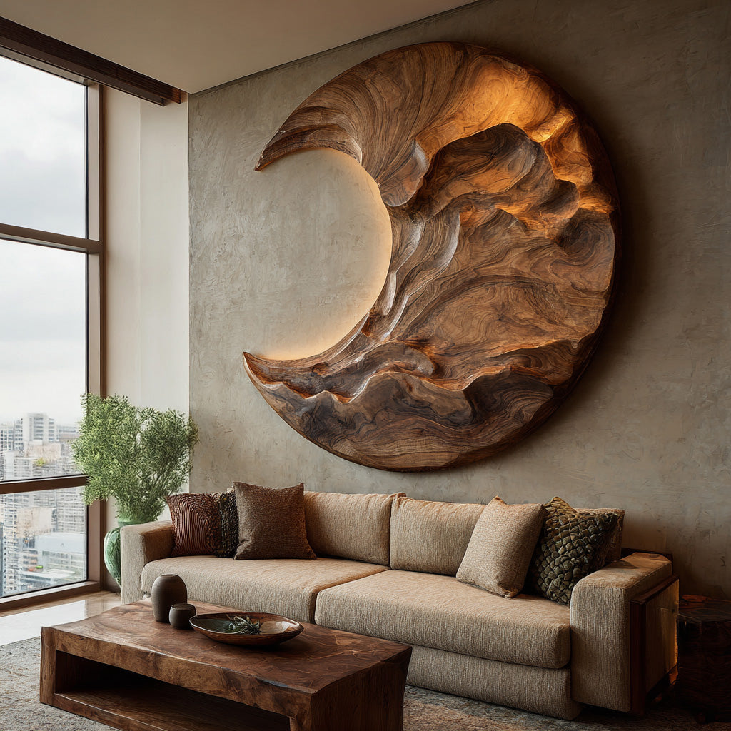 Moon-Inspired Round Carved Wood Wall Panel For Living Rooms