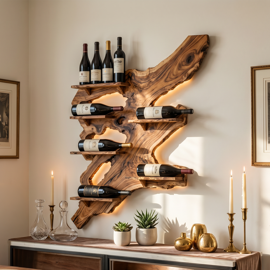 Monkey Pod Wall Wine Bottle Rack for Bar or Kitchen, 39 to 65 in