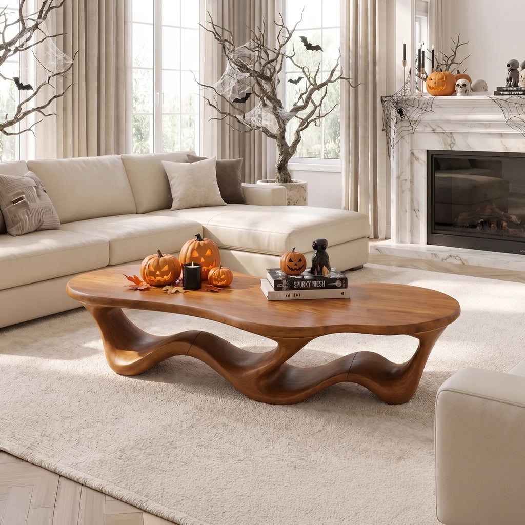 Ribbon Base Sculpted Wood Coffee Table For Modern Lounges