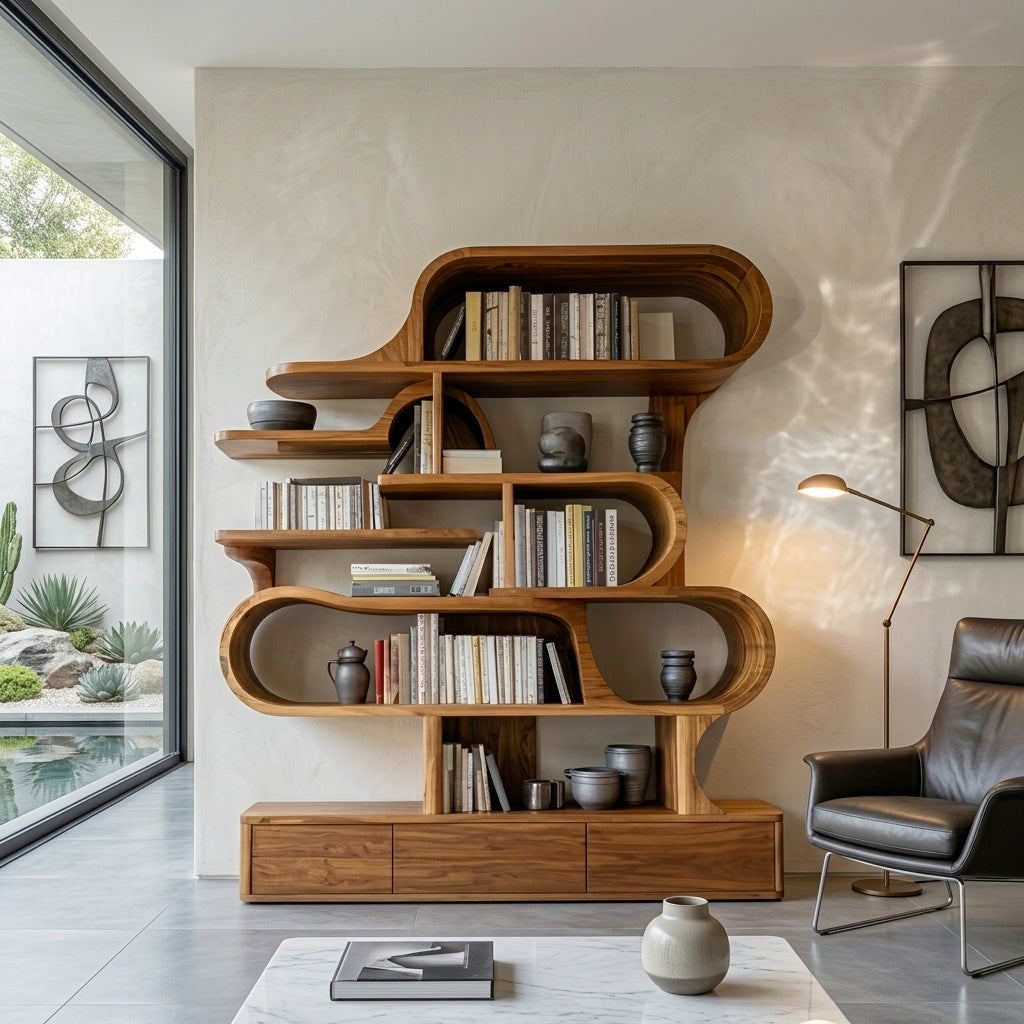 Layered Curve Wood Shelving Unit for Living Room, 59 to 79 in Tall