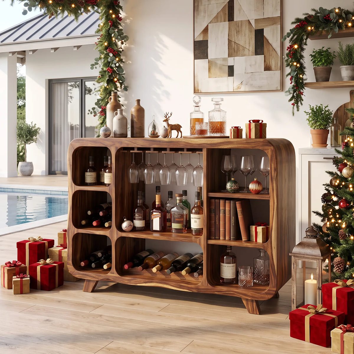 Organic Modern Christmas Wine Cabinet Poolside Living Room
