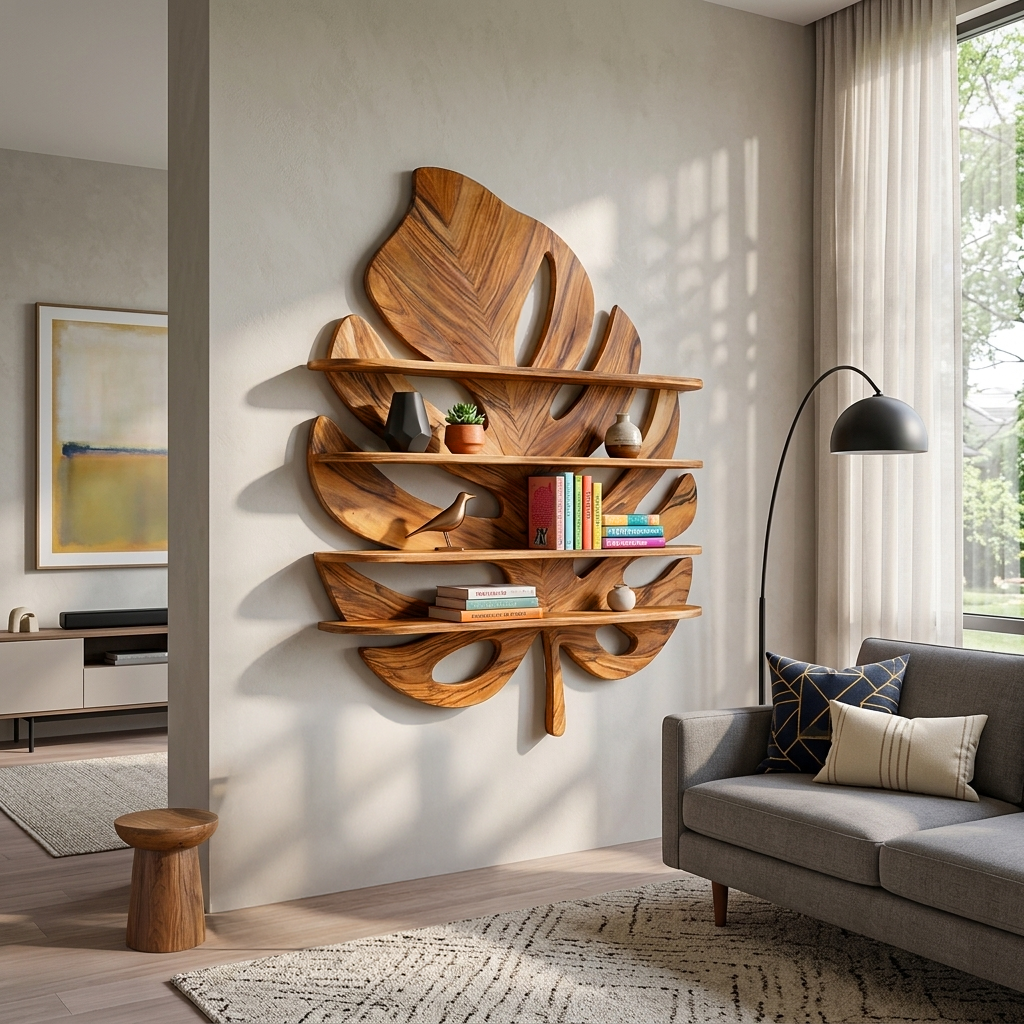 Tropical Foliage Carved Wall Bookshelf, 39 to 59 Inch Tall