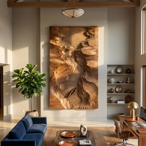 Abstract Canyon Wood Wall Sculpture, Handcrafted Geometric Wooden Wall Art Panel Decor for Modern Office & Living Room Entryway