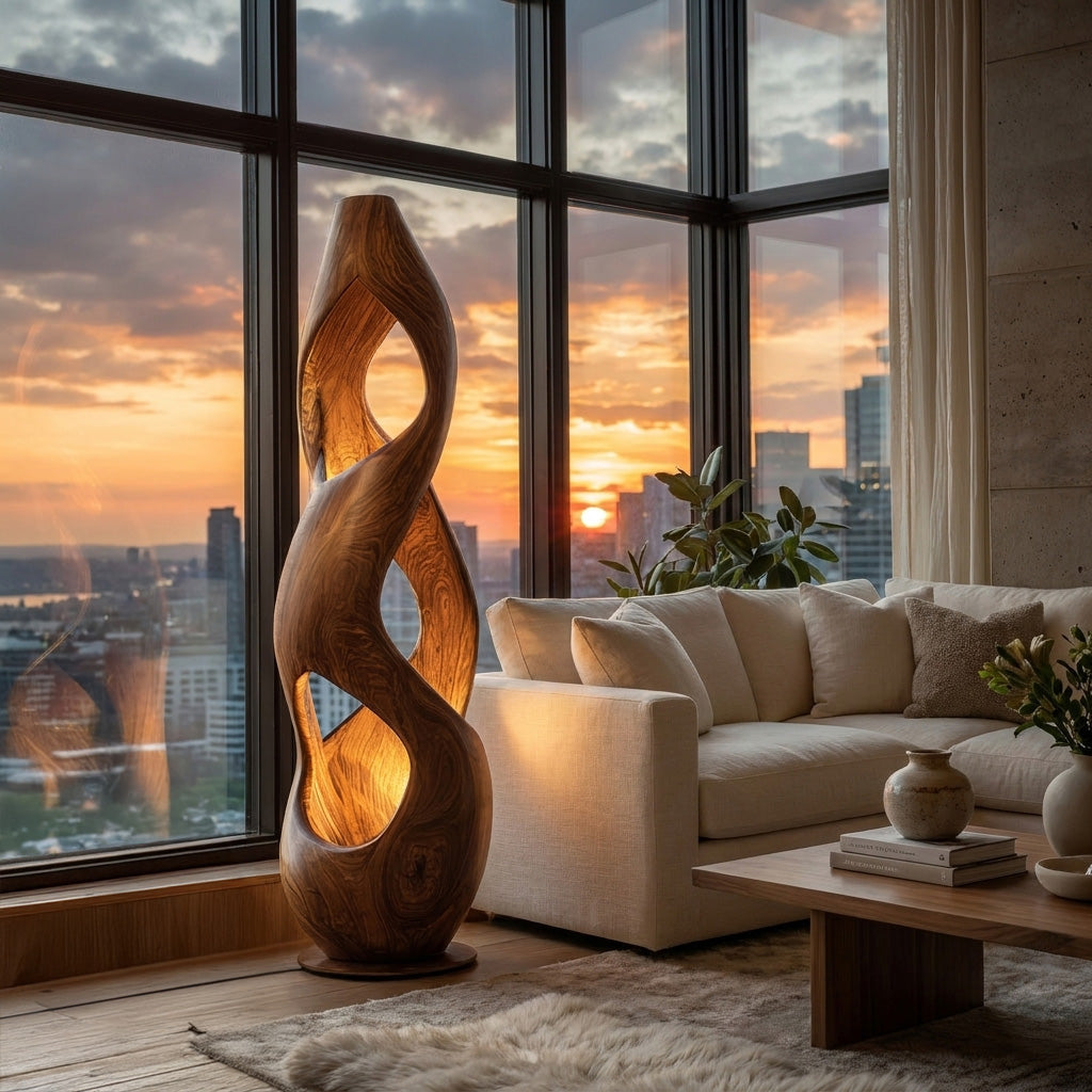 Twisted Hollow Wood Floor Lamp With Warm Glow, 47 To 71 Inch