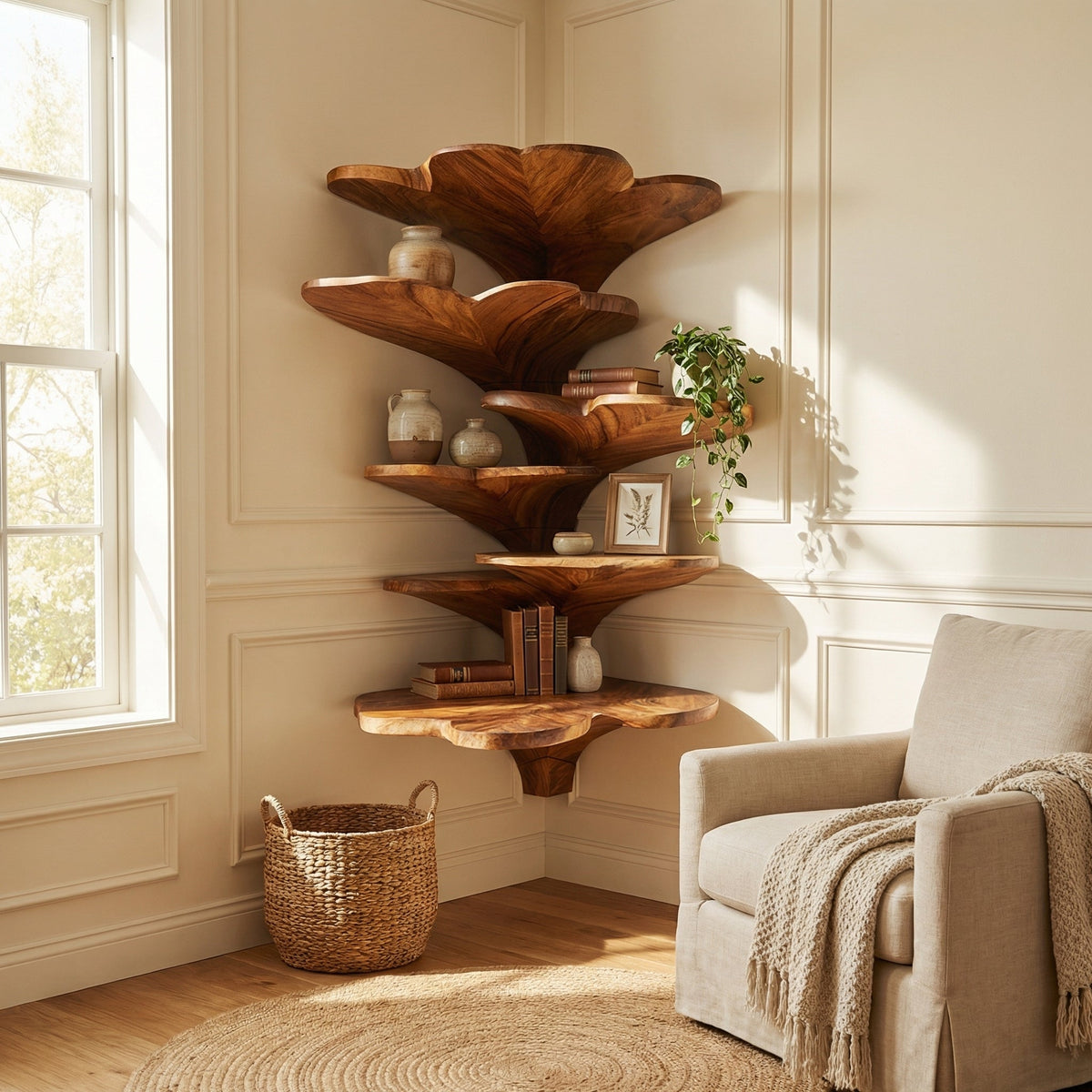 Curved Leaf Corner Wall Shelf in Solid Wood for Boho Kids Rooms