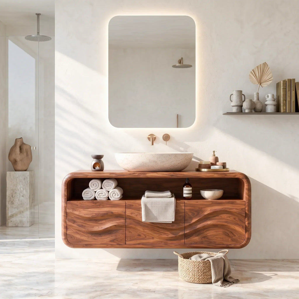 Organic Modern Floating Bathroom Vanity Rounded Cabinet For Spa Bathroom