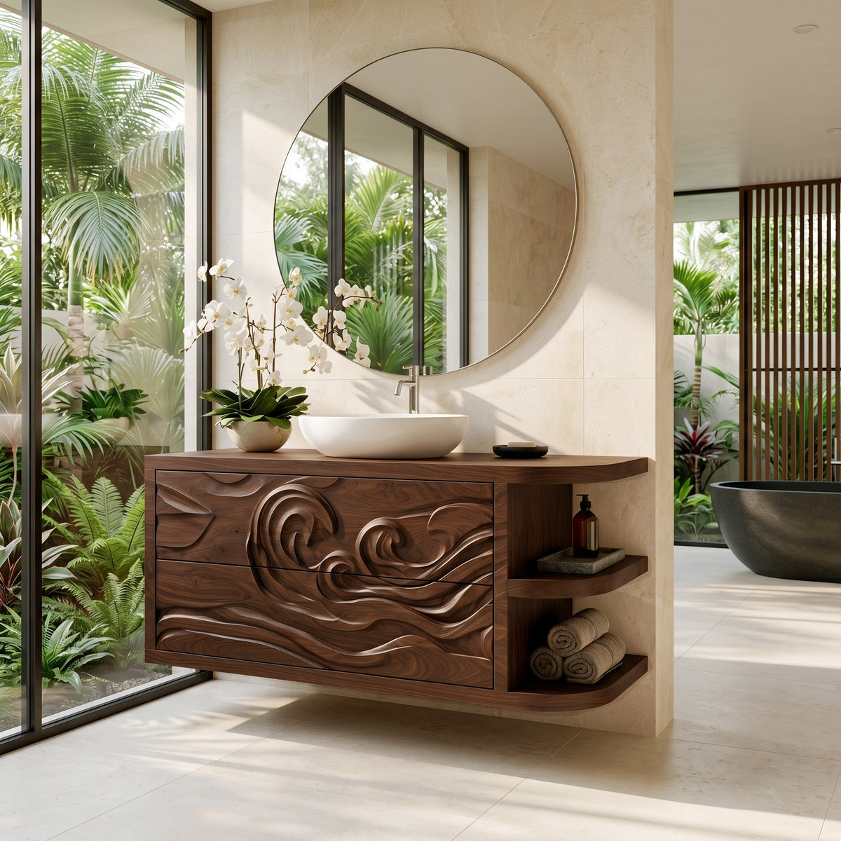 Contemporary Bathroom Vanity With Integrated 3-Tier Side Shelf For