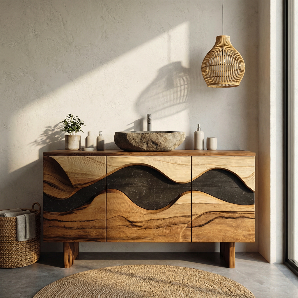 Bathroom Vanity Cabinet, Wave Front Sculptural Solid Wood Design