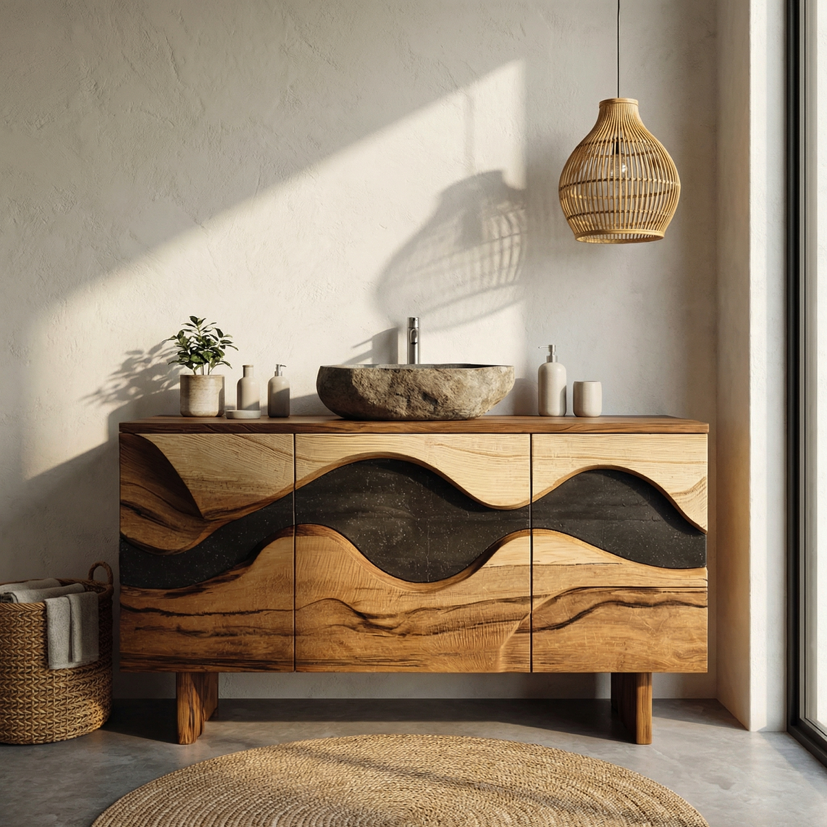 Bathroom Vanity Cabinet, Wave Front Sculptural Solid Wood Design