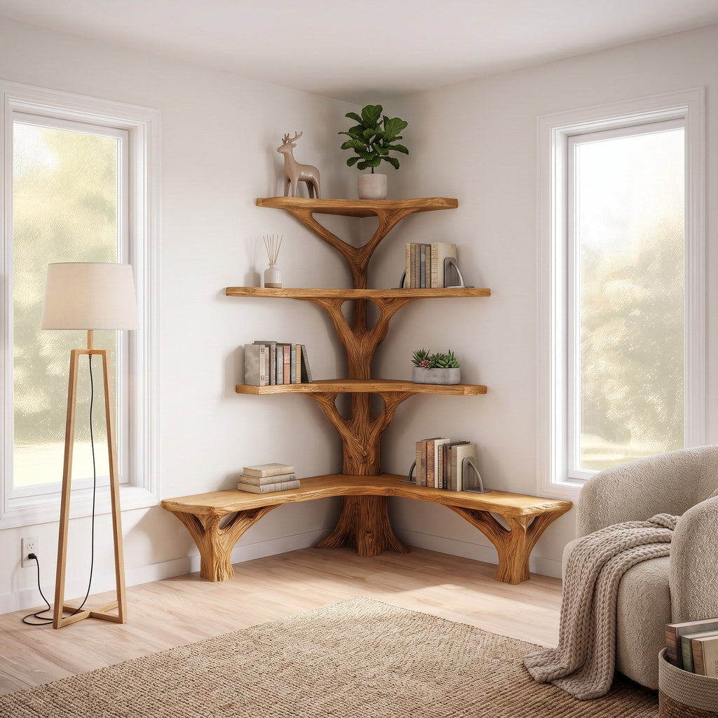 Rustic Tree Bookshelf Corner Living Room
