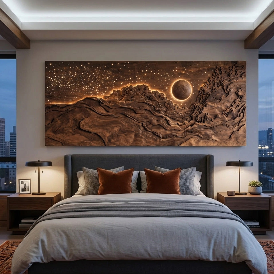 Carved Wood Eclipse and Stars Relief Panel with LED Lighting