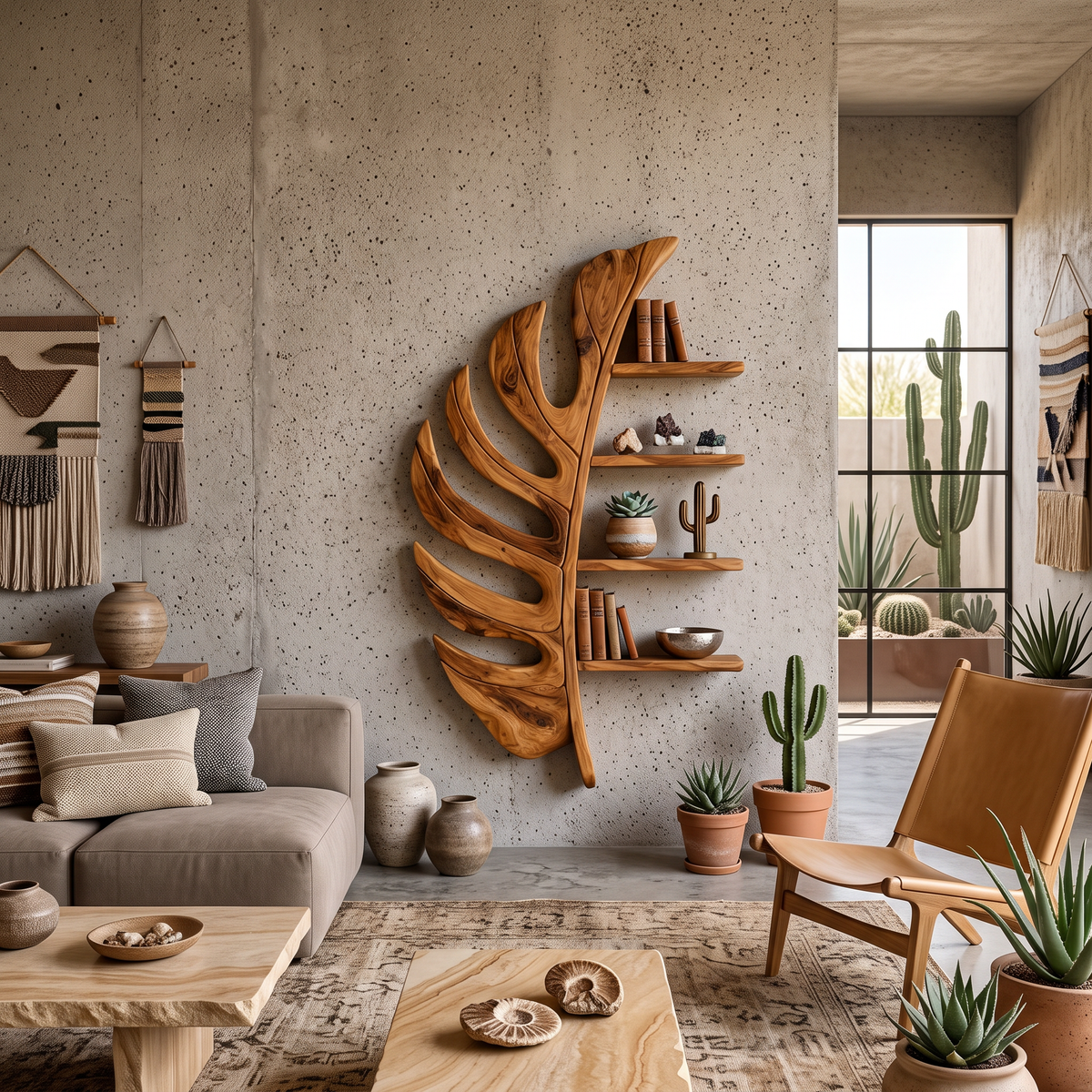 Leaf-Shaped Wall Mounted Wood Bookshelf, 31 to 59 Inch Tall