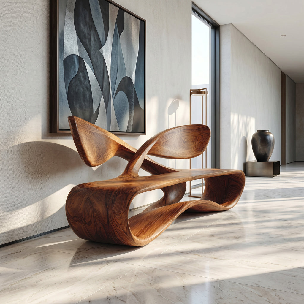 Curved Solid Wood Bench With Crossed Back Support For Living Rooms