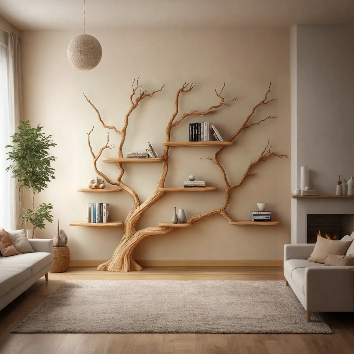 Wide Brown Branch Tree Wall Bookshelf, 70 x 75 Inch Floating