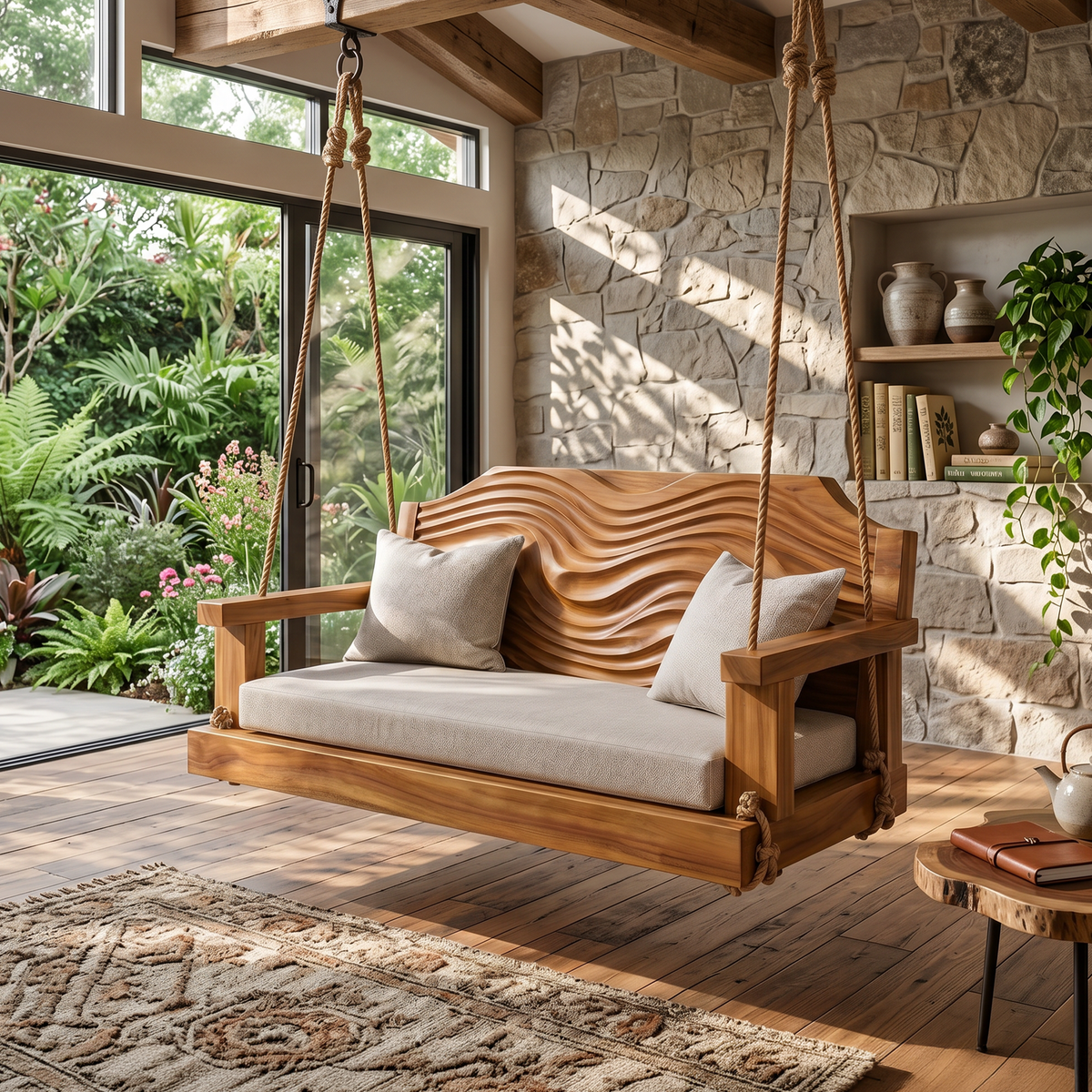 Hanging Wood Swing Chair With Carved Back For Indoor Reading Nooks