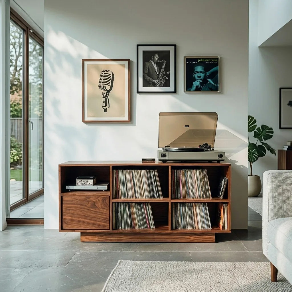 Wide Wood Record Cabinet With Open Cubbies And Turntable Top, 59-86 In