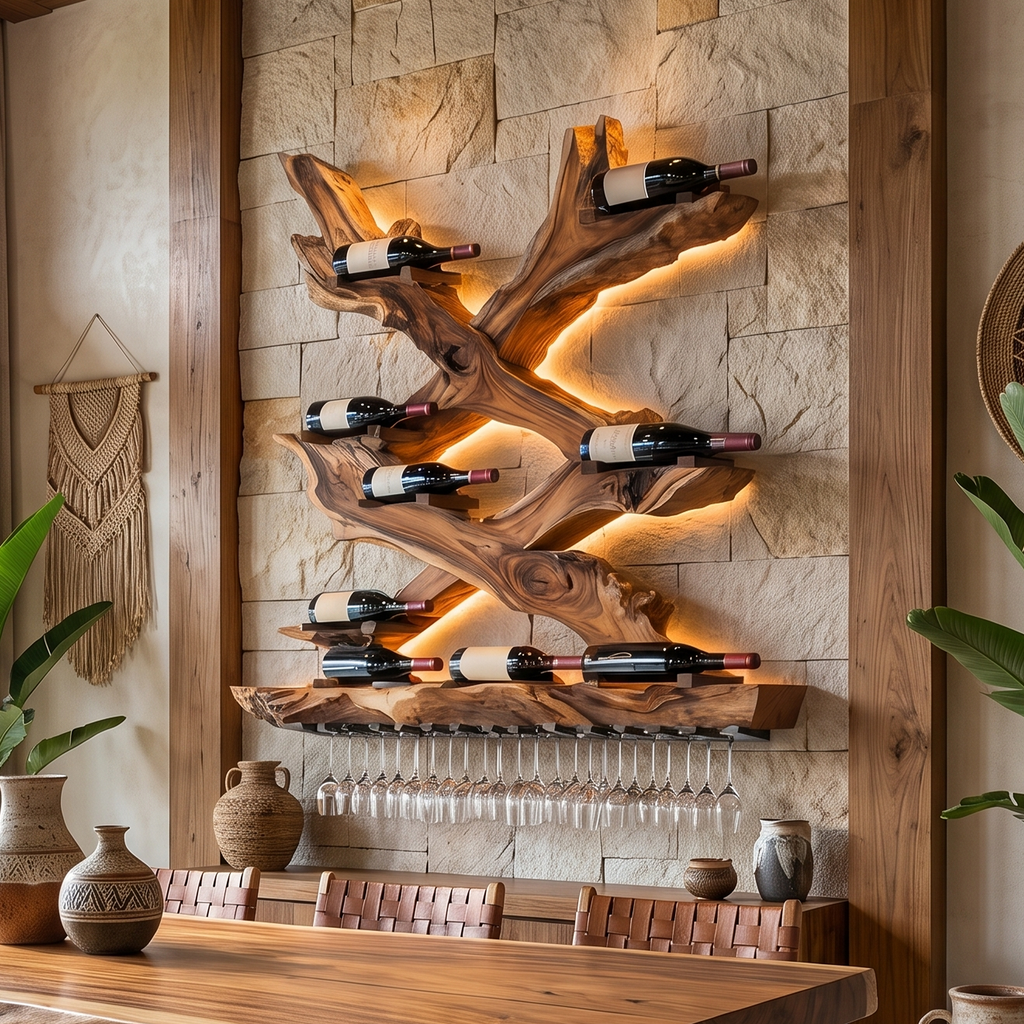 Wall-Mounted Monkeypod Wine Bottle Display, 37 to 53 in Square