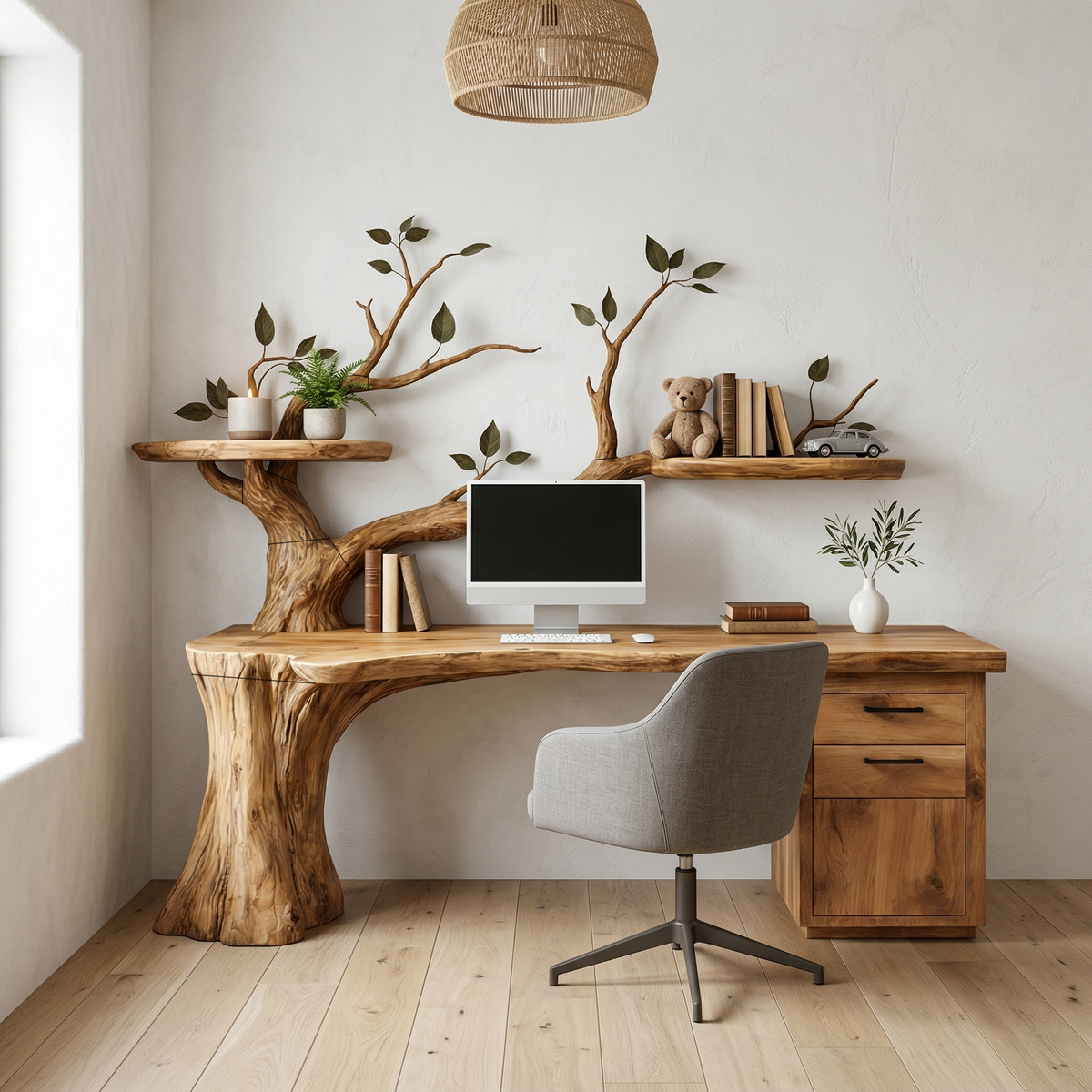 Tree Desk with Floating Shelf, Sculptural Branch Solid Wood Workspace