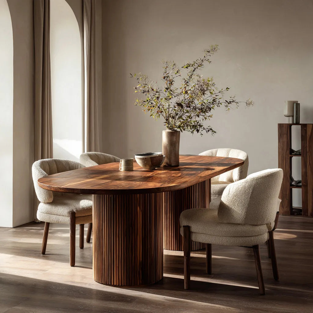 Contemporary Natural Wood Dining Table Fluted Pedestal For Dining Room