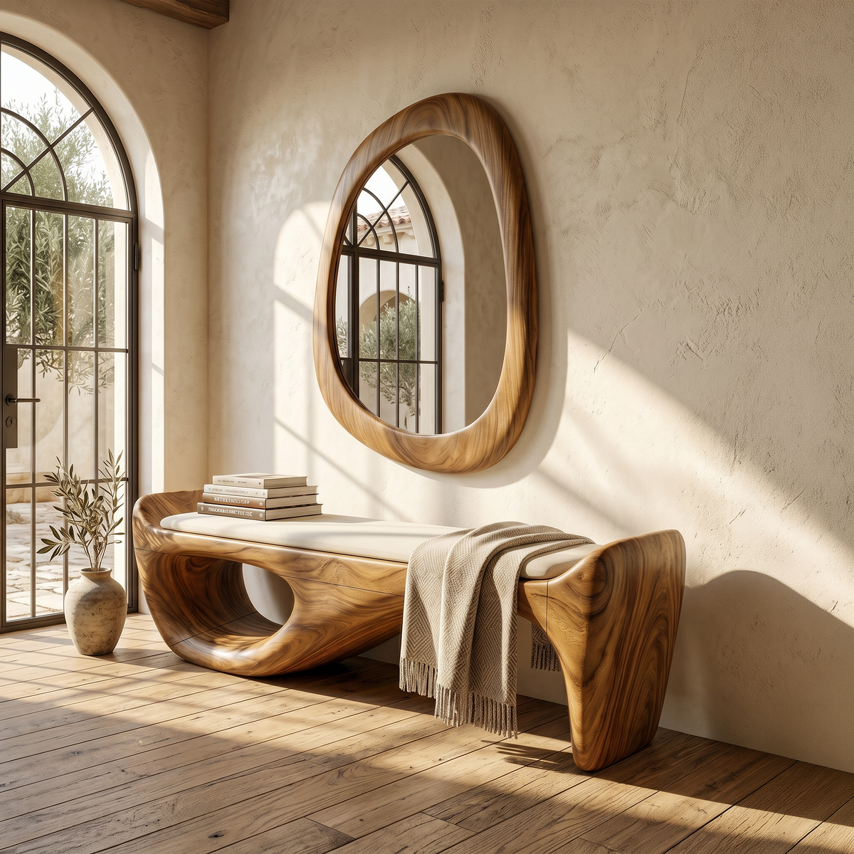 Organic Modern Solid Wood Foyer Bench, 47 To 73 Inch Long
