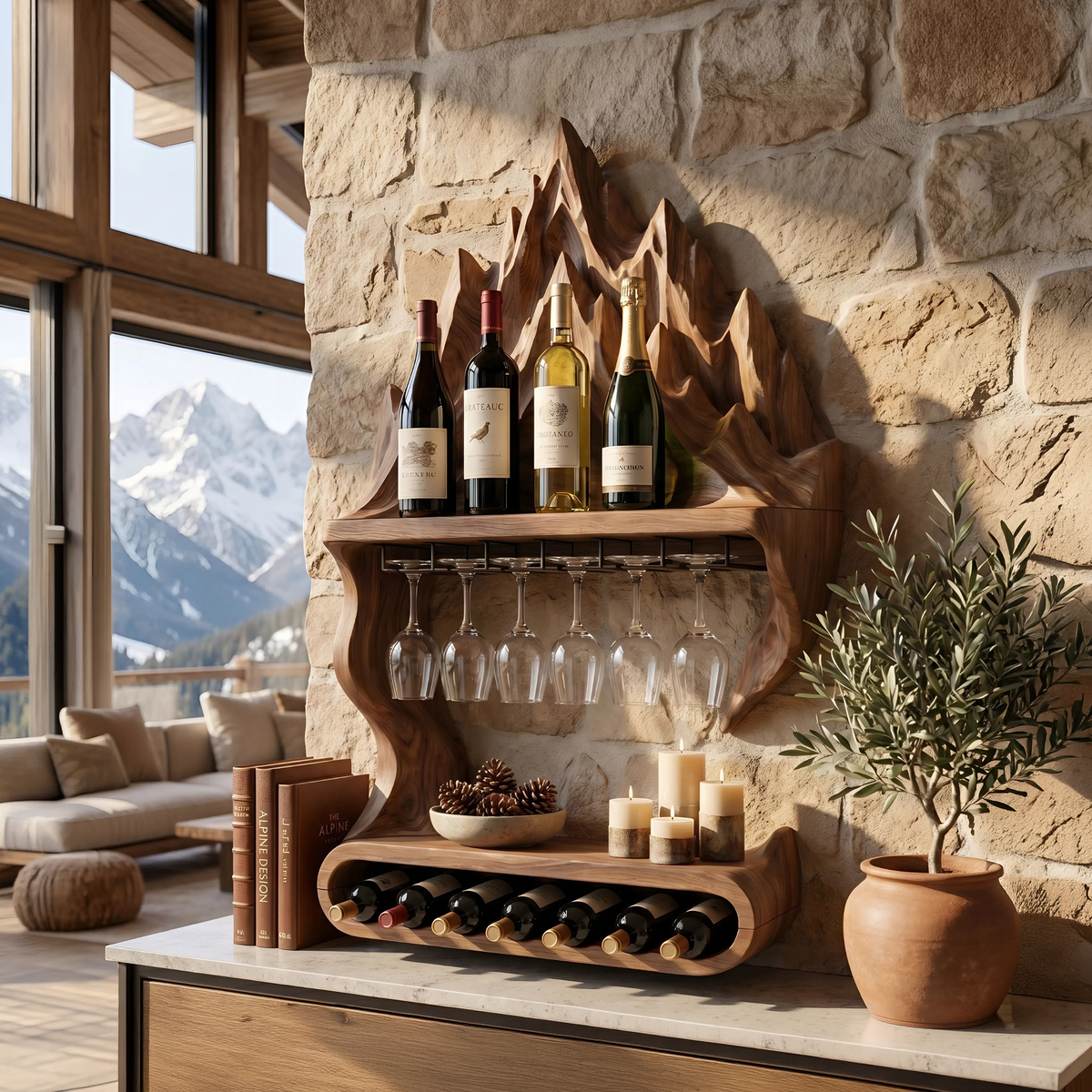 Mountain Contour Wall Wine Shelf For Bottles, 48 to 60 Inch Tall