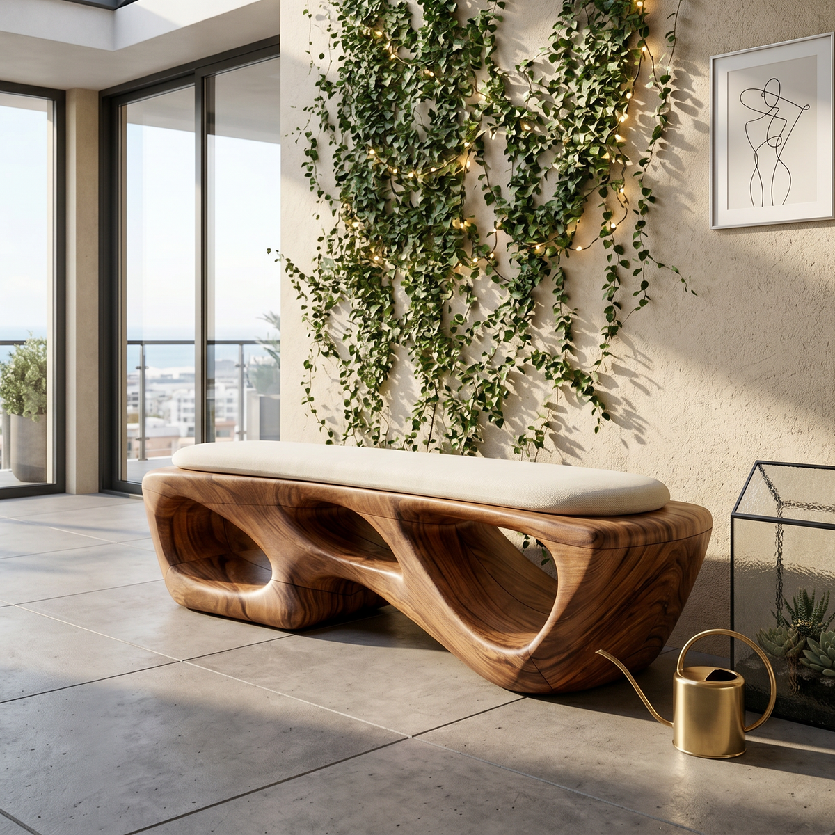 Gently Curved Solid Wood Living Room Bench, 47 To 73 Inch