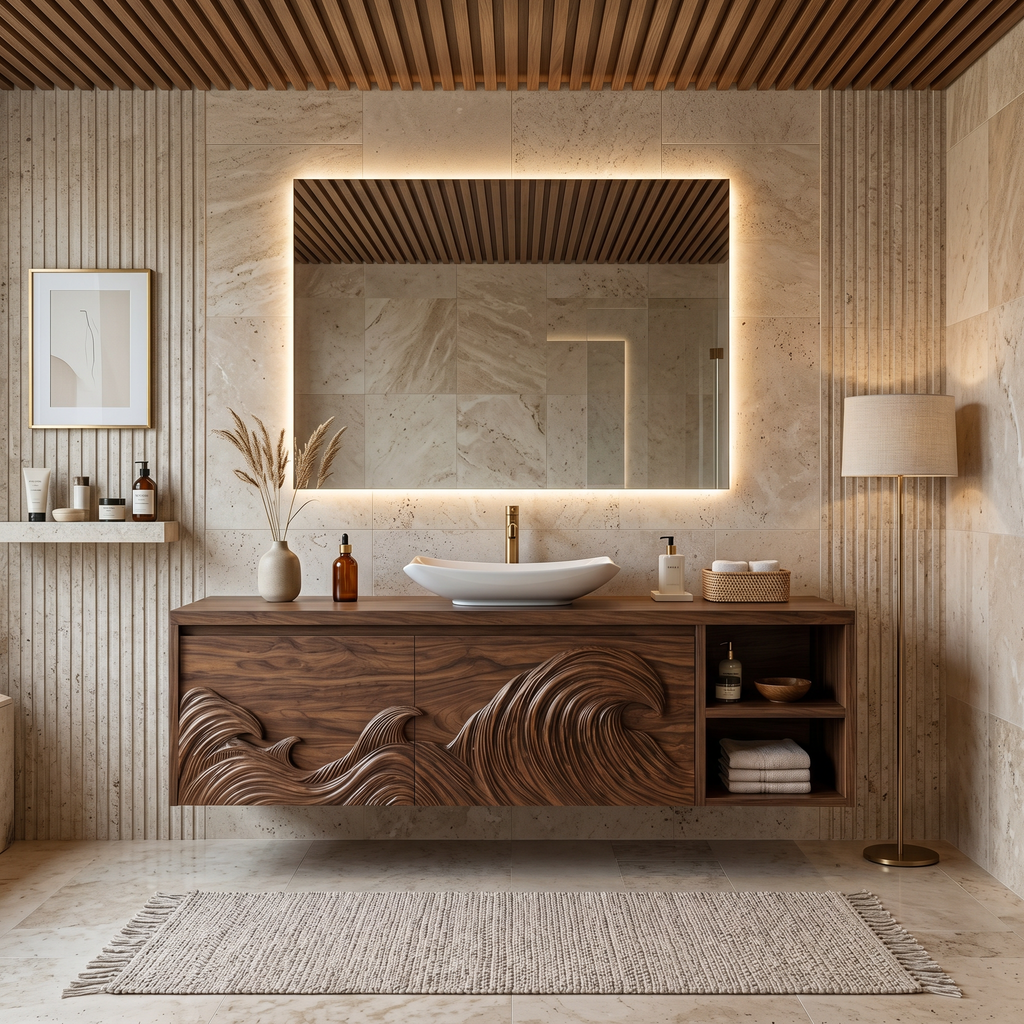 Contemporary Floating Bathroom Vanity With Raised Wave Pattern For