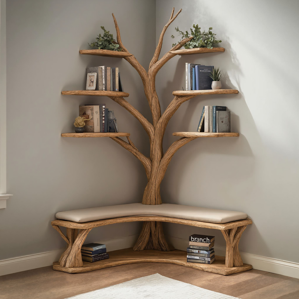 Tree Branch Bookshelf Hall Tree With L-Shaped Bench, 70 Inch
