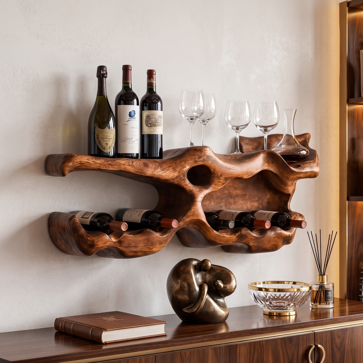 Wooden Wine Bottle Holder, Farmhouse Monkeypod Tabletop Wine Rack