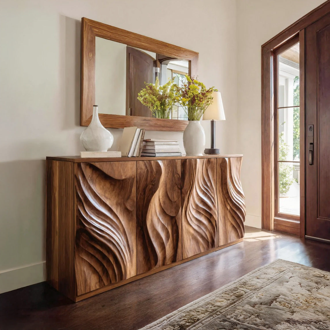 Sculpted Door Credenza, Mid Century Modern Solid Wood Sideboard
