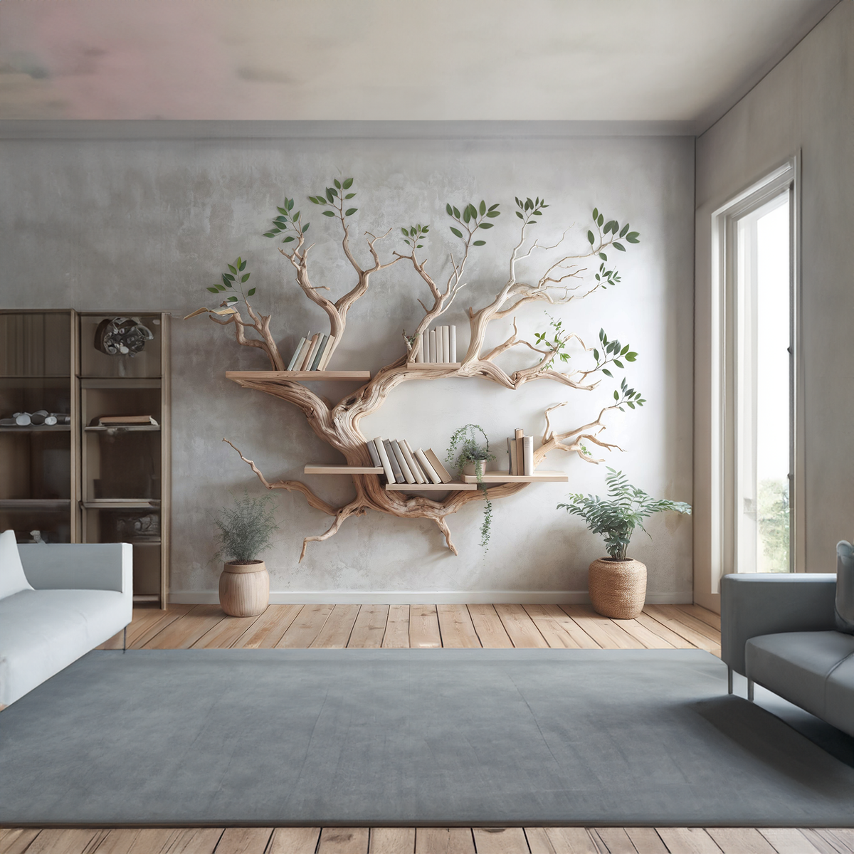 Mid-Century Driftwood Tree Wall Bookshelf, 70 x 60 Inch