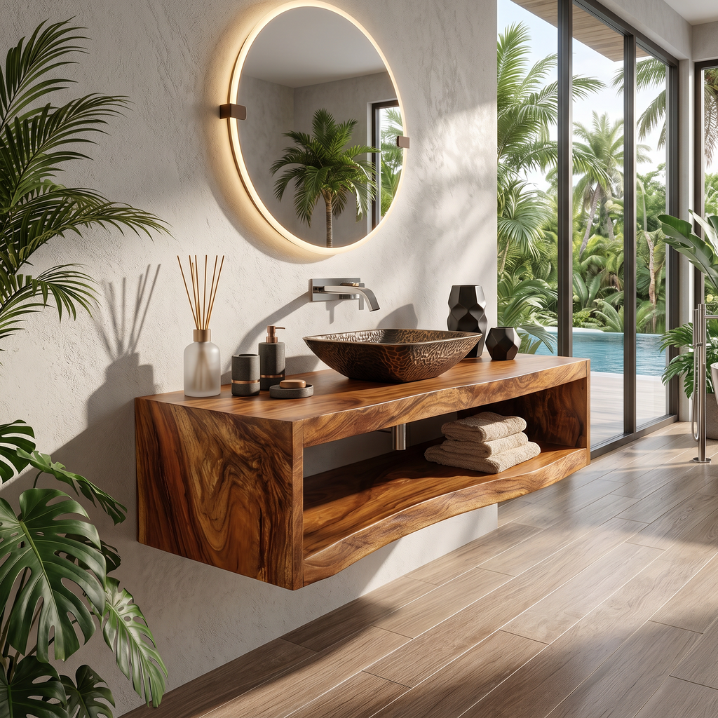 Low Wooden Bathroom Storage Cabinet, Tropical Style, 40 To 71 Inch